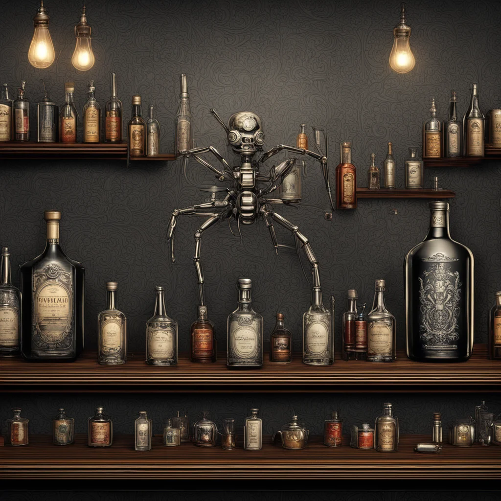 victorian bar bottles symmetrical spider robot bartender elegant patron wallpaper