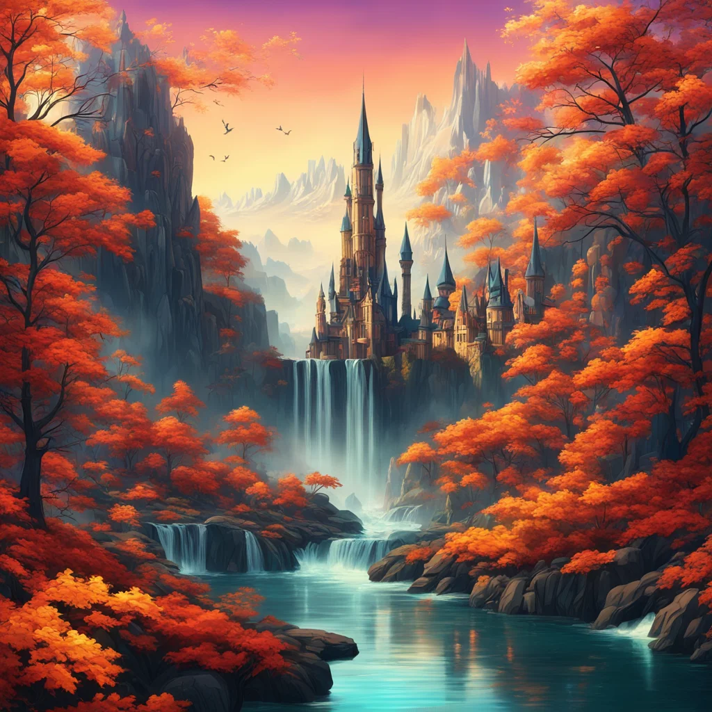 victorian city on a river waterfall fantasy autumn leaves mountains towers glowing poster art graphic stylish symmertry 
