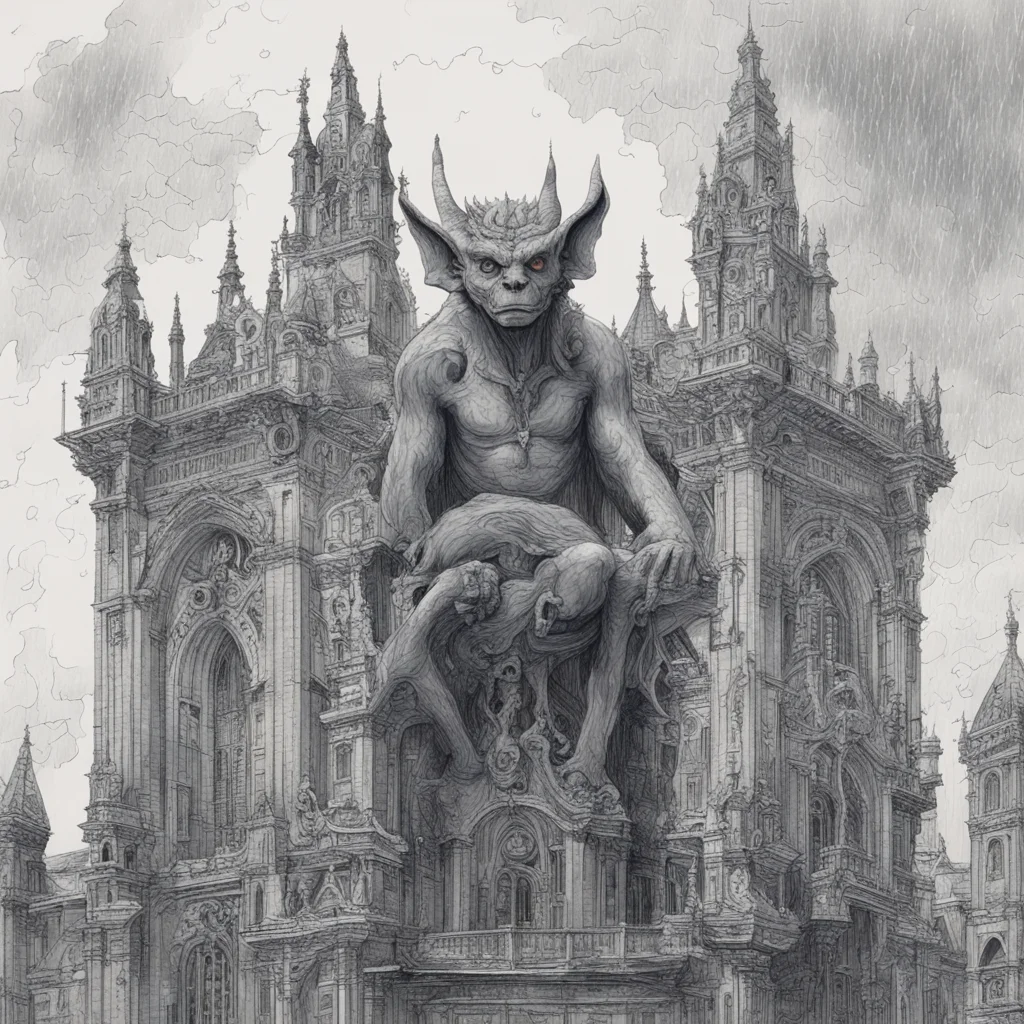 view from a distance of a hyper realistic gargoyle demon perched on intricate architecture with lots of things in the sk