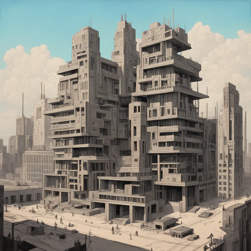 view from a distance of a hyper realistic western intricate architecture surreal brutalist in the style of a illustratio