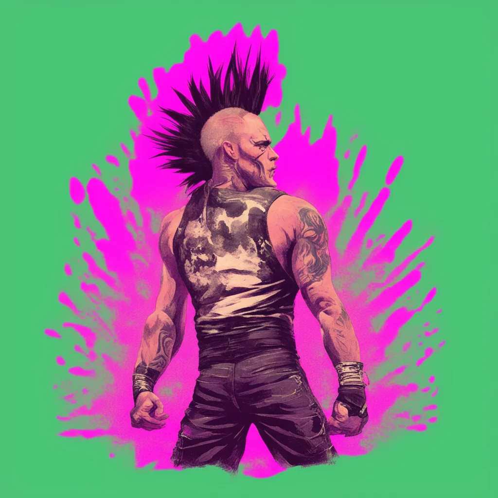 view from a distance of a pro wrestler musician in a mohawk playing punk music in the style of a 1970s illustration