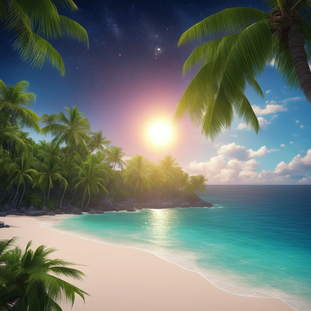 view of solar eclipse caribbean beach palm trees tropical forest ocean galaxy view 8k render