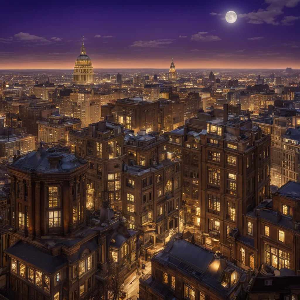view overlooking edwardian business district bank courthouse shops offices steampunk photobash night wallpaper