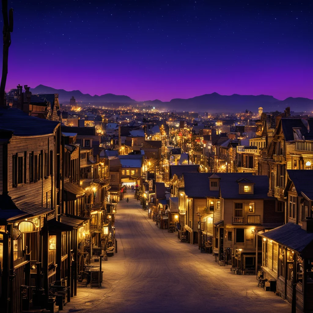 view overlooking main street western town at night no horses wallpaper