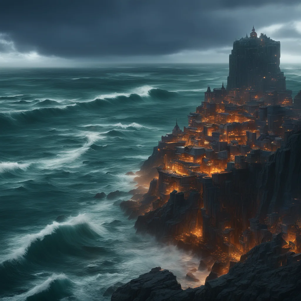viking city on cliffs above stormy ocean night moody star wars futuristic by marc simonetti natural volumetric lighting 