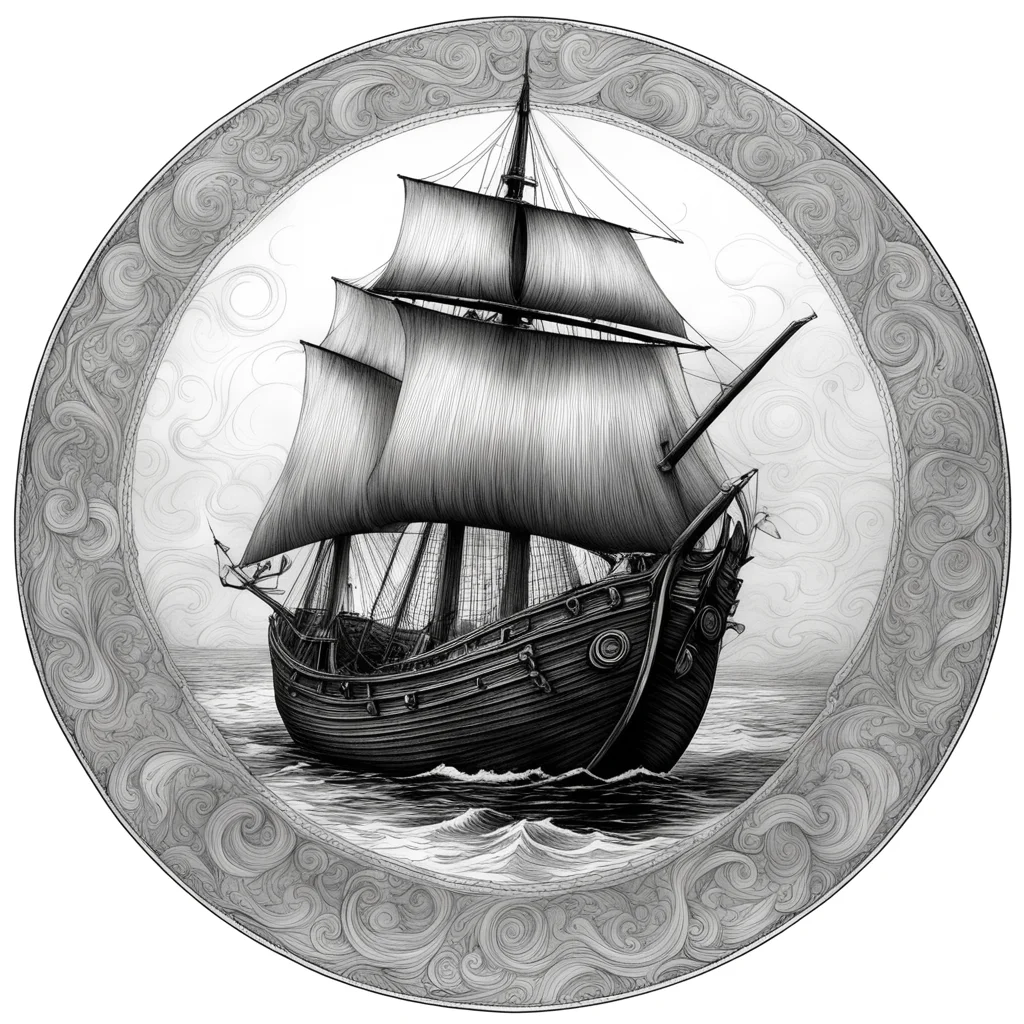 viking ship vikingship elegant fluid pattern detailed round shields sail intricate ink drawing —ar 32