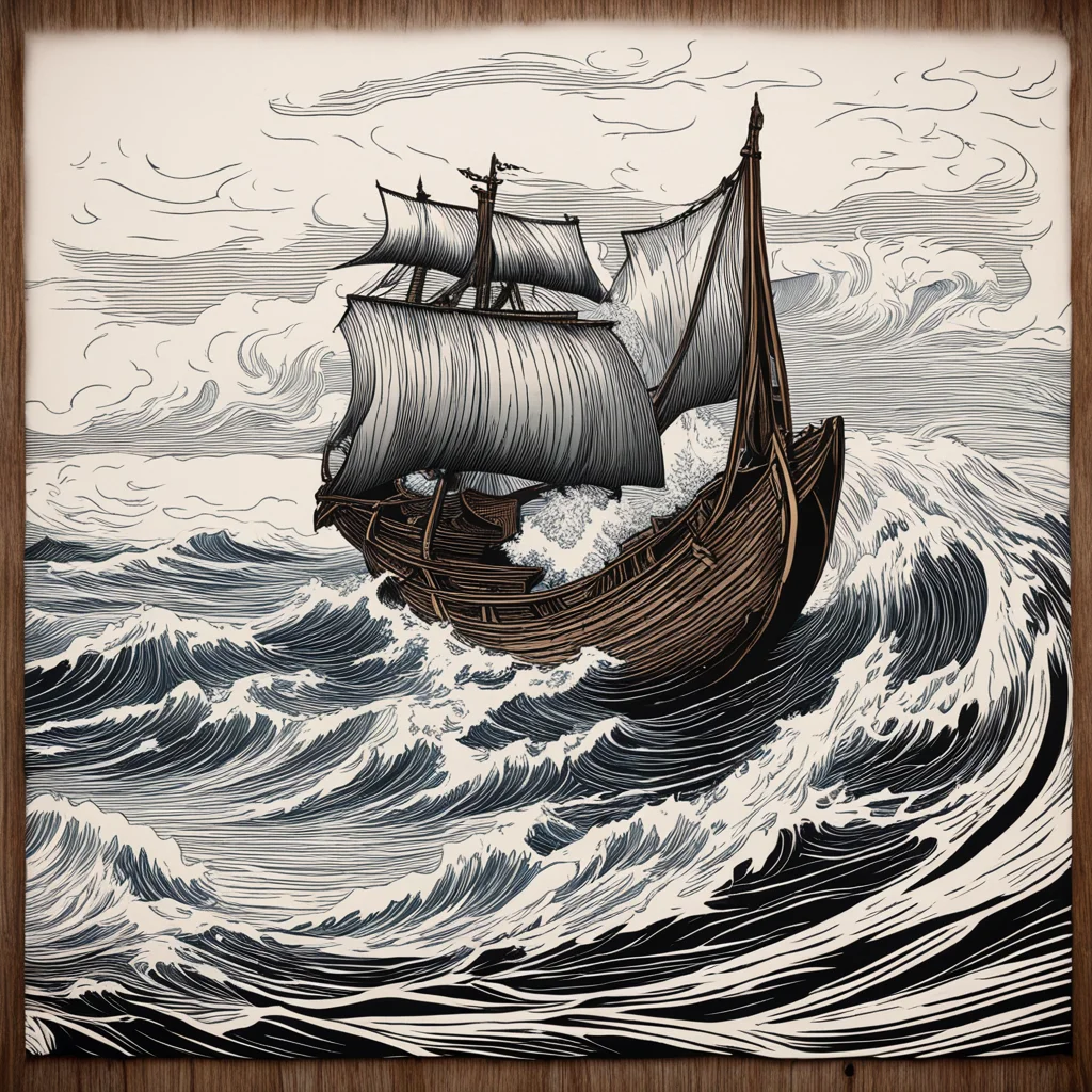 viking ship woodcut crashing waves
