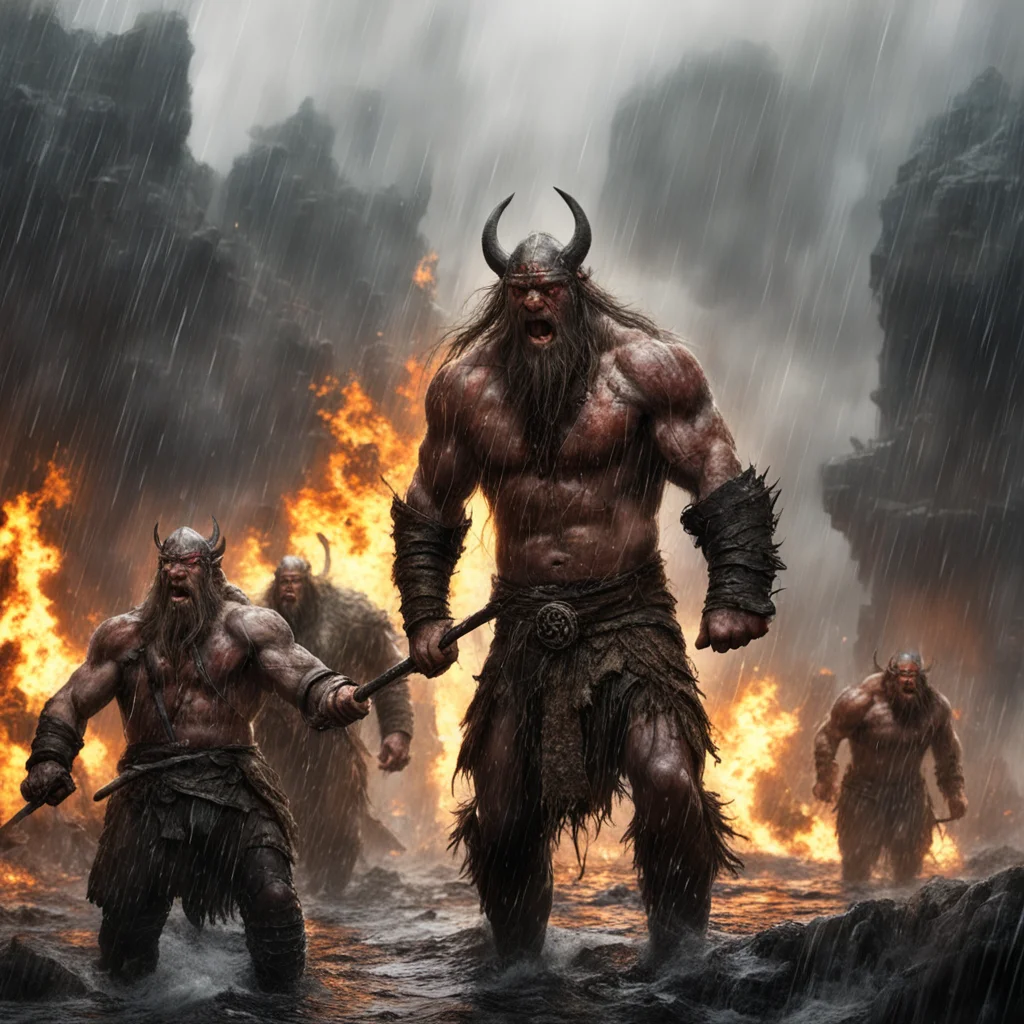 vikings war cave troll viking army viking fighting in the rain city on fire rain Richard Schmidart style matte painting 