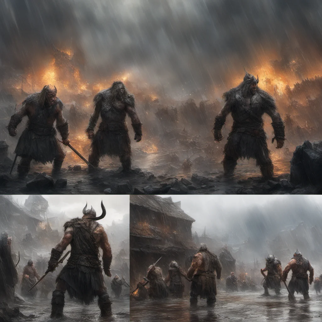 vikings war cave troll viking army viking fighting in the rain city on fire rain Richard Schmidart style matte painting cinematic epic —ar 31