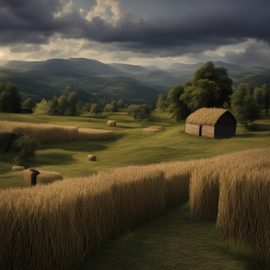 village with large hay bales  romanticism dark scene 