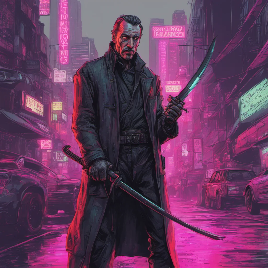 vincent price as a cyberpunk street ninja with a katana dignified ultra realistic high detail neon city artstation fine linework technological
