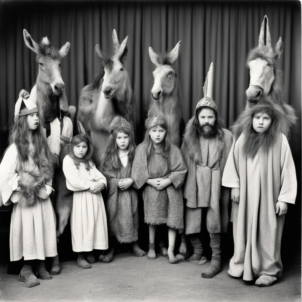 vintage photo of a school nativity play kids on stage acting donkey jesus mary 3 wise kings stable creepy stan winston s