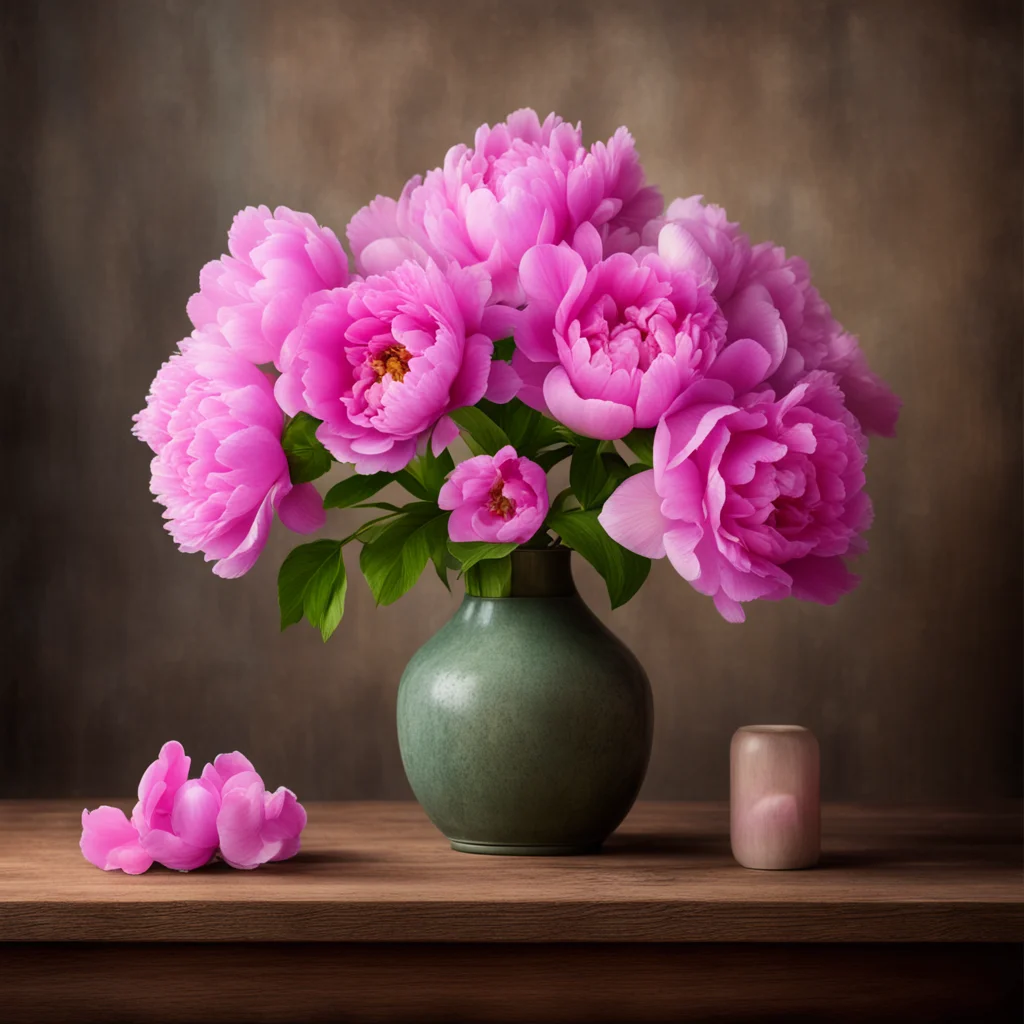 vintage vase filled with peonies and gladiolas canvas textured backdrop sitting on wooden table matte finish photo reali