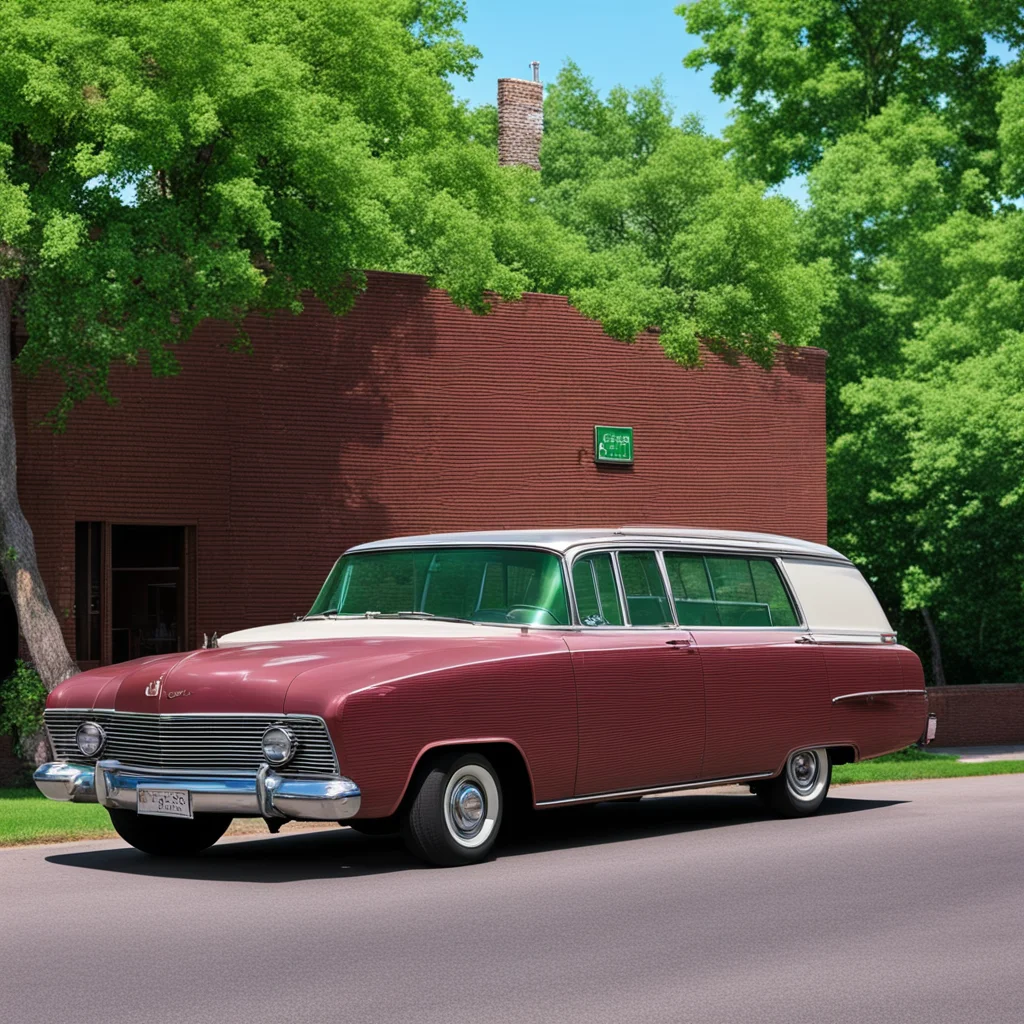 vintage white station wagon parked on side of road brown brick building with green roof johns diner is white neon sign t