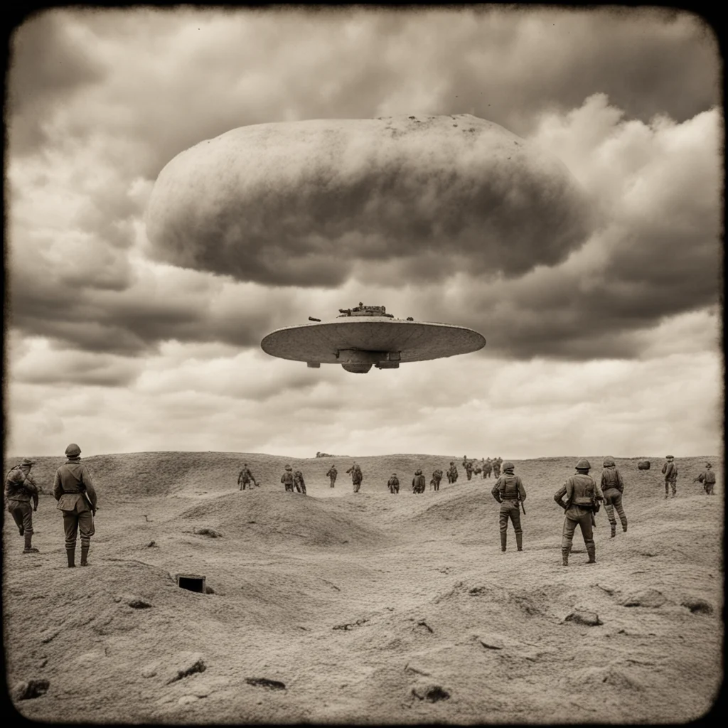vintage world war 1 photograph of battlefield with trenches soldiers FT 17 tankvintage UFO in sky highly detailed grainy