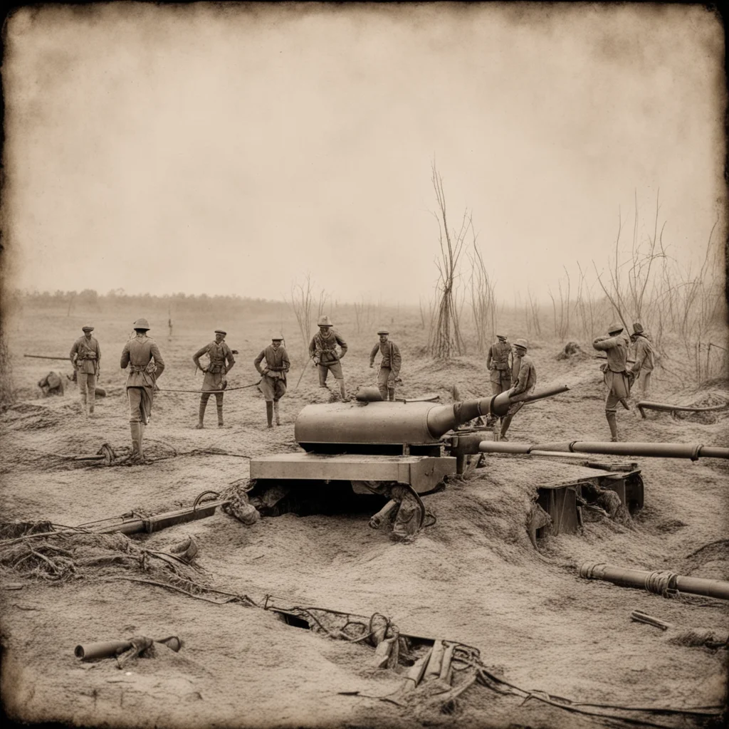 vintage world war 1 photograph of battlefield with trenches soldiers barbed wire FT 17 tank howitzer on legs highly deta
