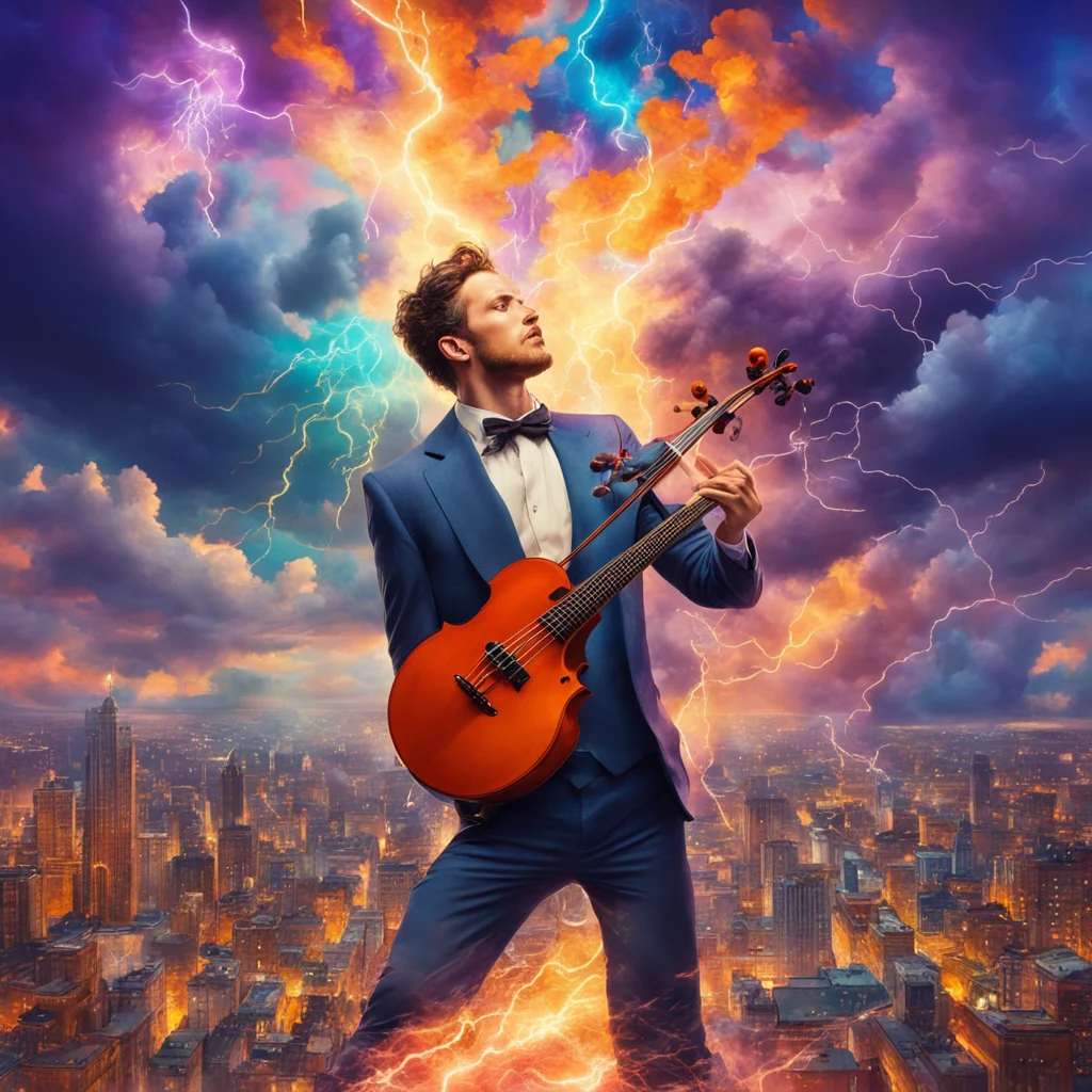 violin player suspended in the air with colorful storm clouds around him lightning flashes from violin and explodes on t