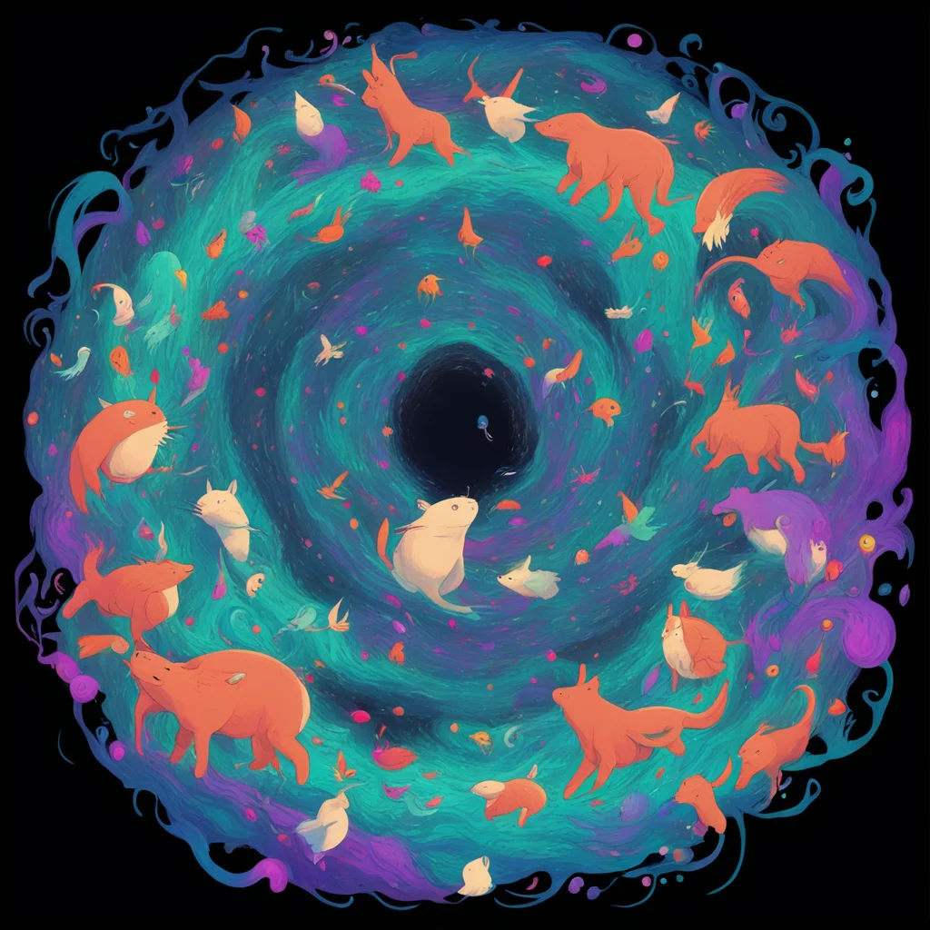 vortex of animals in the style of studio ghibli glowing and swirling