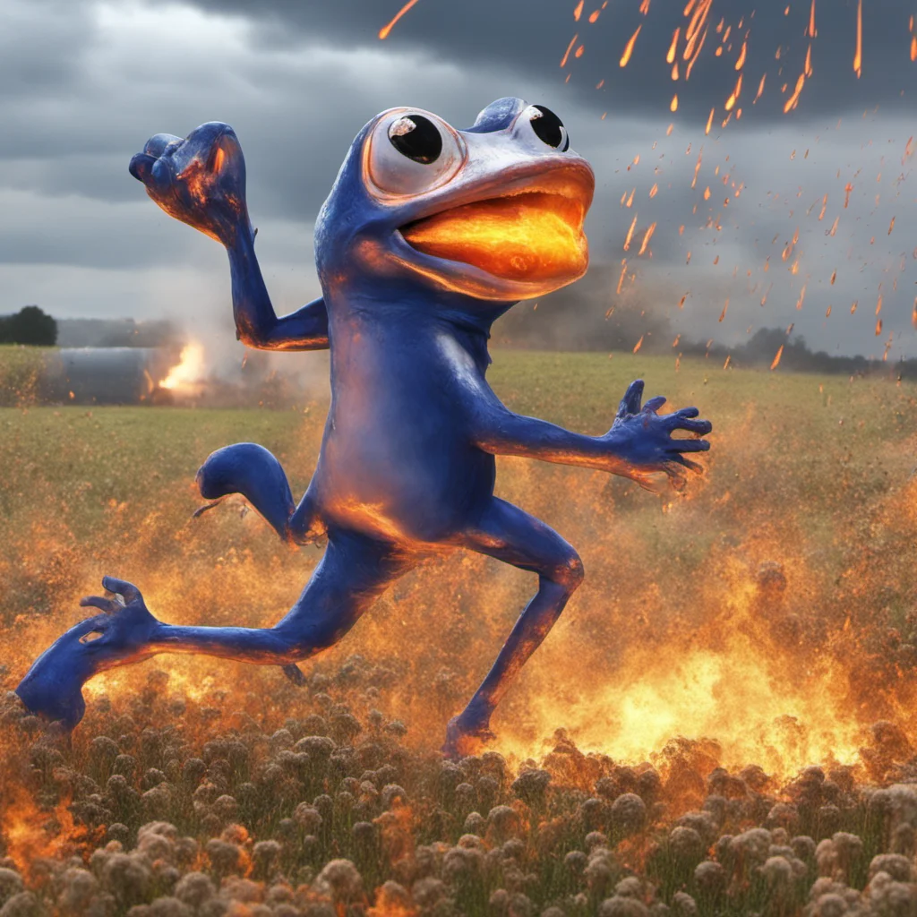walking through a field of fire with crazy frog straddling boris johnson singing his hit song with raining acid