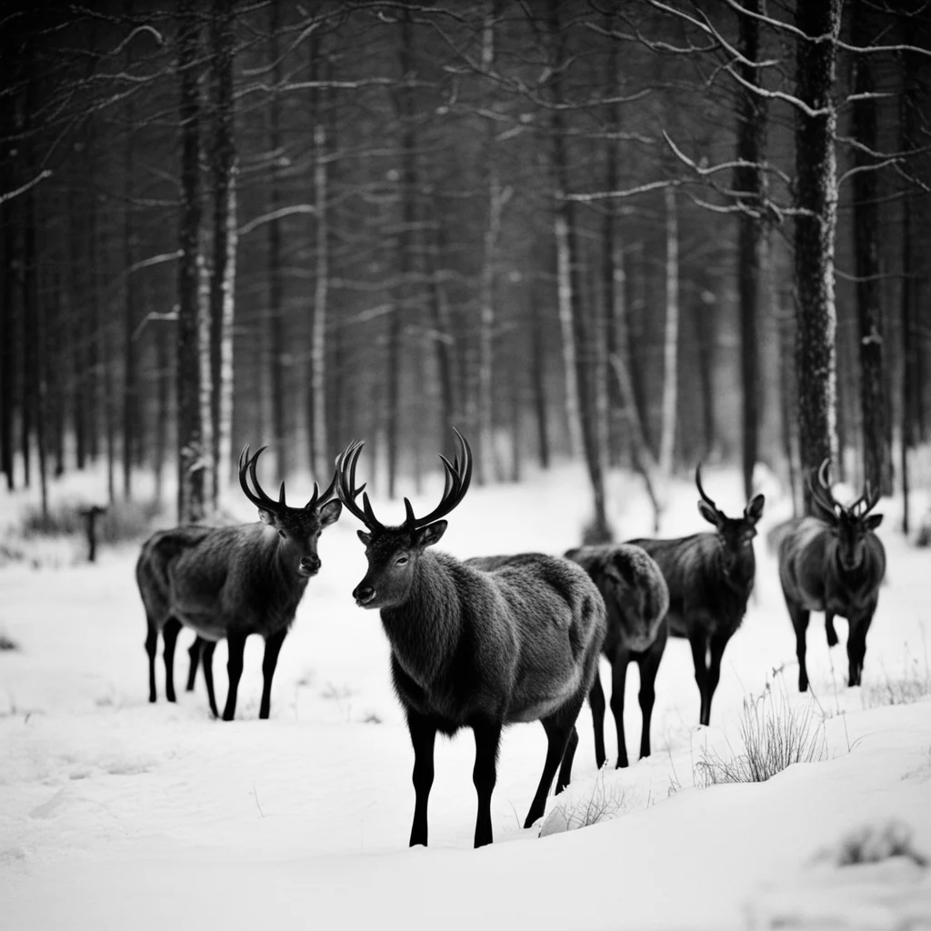 wapiti herd at night facing the camera with glowing eyes black and white photography 35mm film vintage photohraph photoj