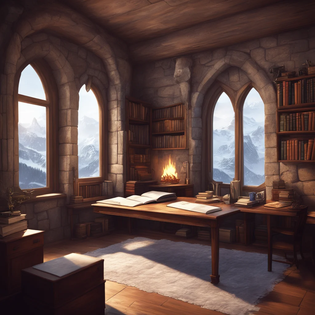 warm and small study room in Hogwarts castle with windows looking through snowy mountains outside cosy books tables fire
