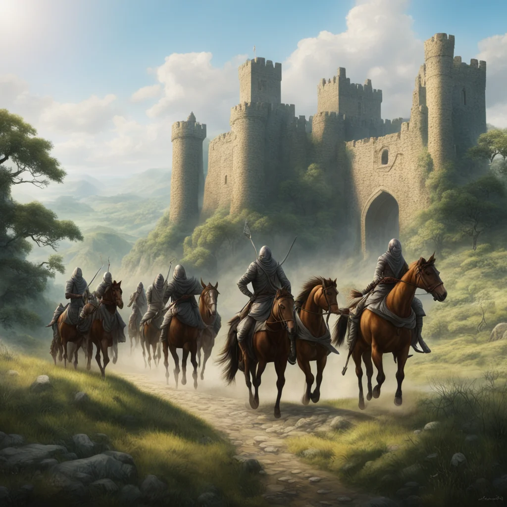 warriors from Rohan riding horses sunny hazy lush scenery high detail photorealistic small aperture ancient ruins castle