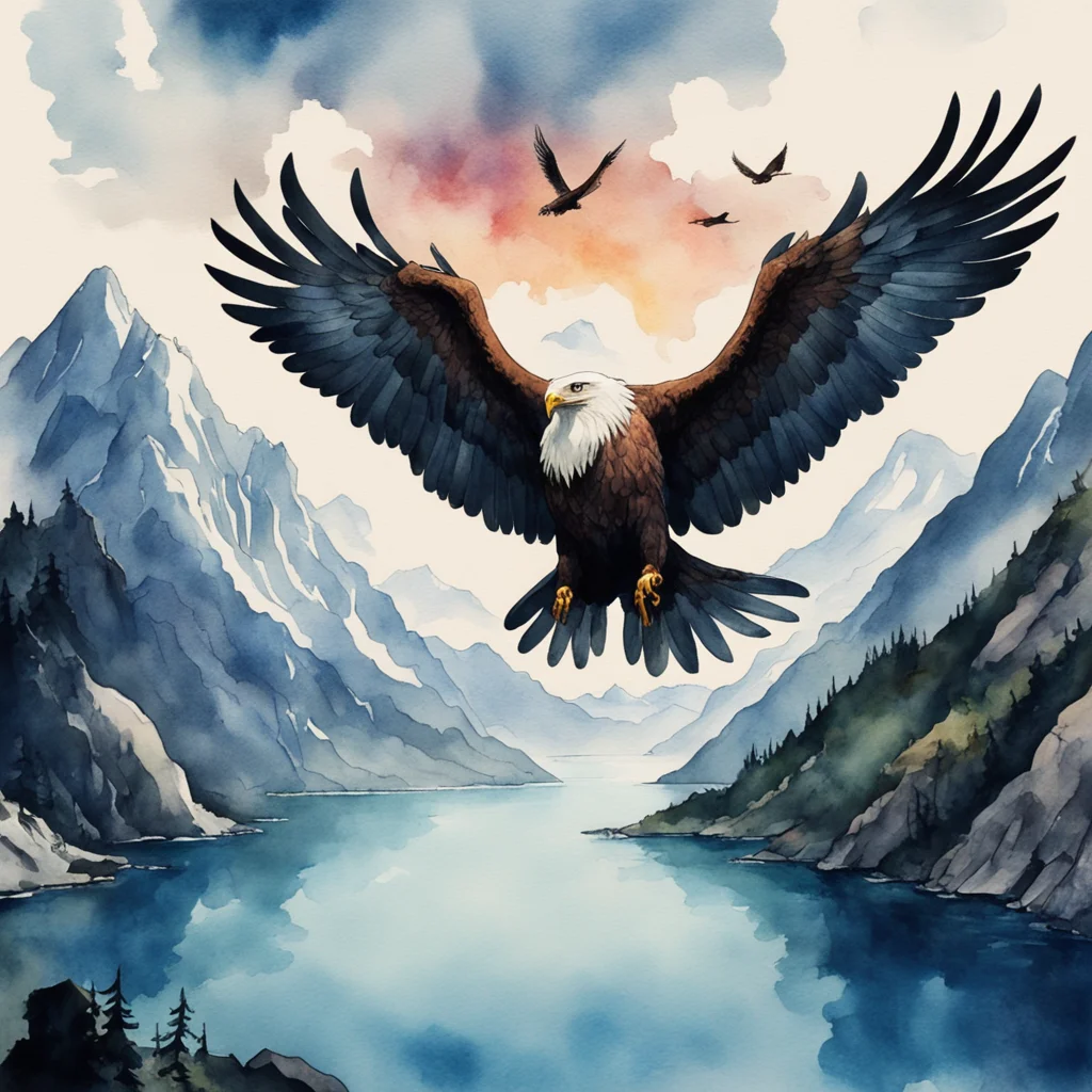 water color painting of an eagle flying over a mountain lake lovecraftian ridley scott zack snyder Fenghua Zhong ar 168