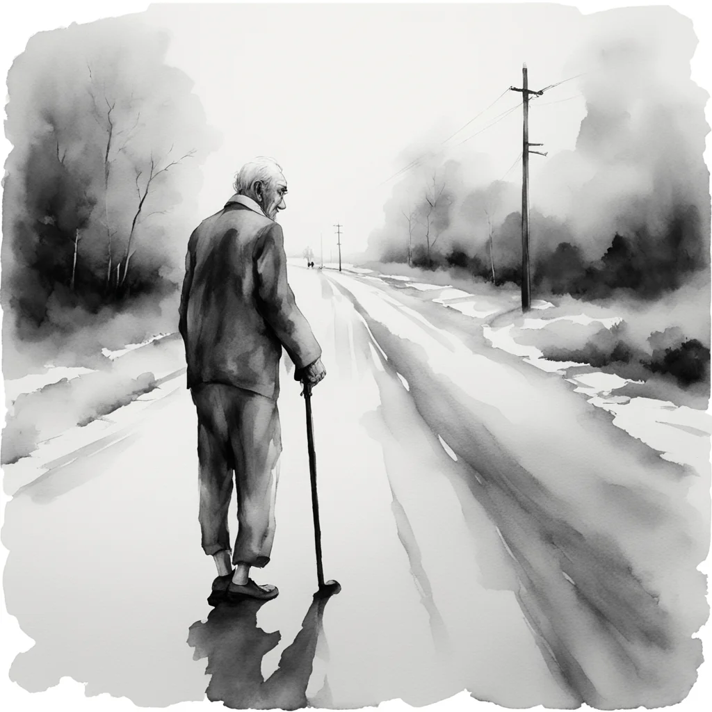 watercolor of an old man walking with a cane down an empty road grayscale octaine render —aspect 219