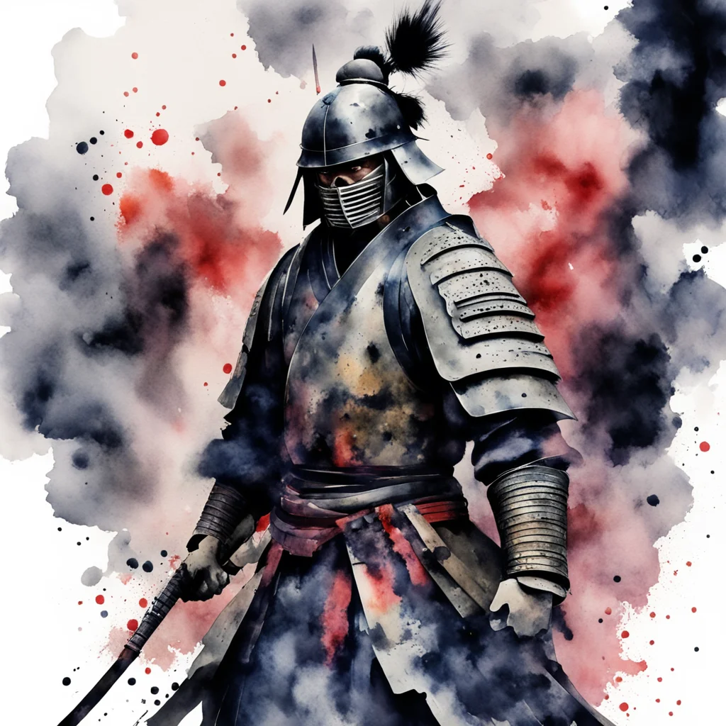 watercolor painting of an stoic samurai warrior in full armor with dark spatter and ghostly smoke emerging from his body