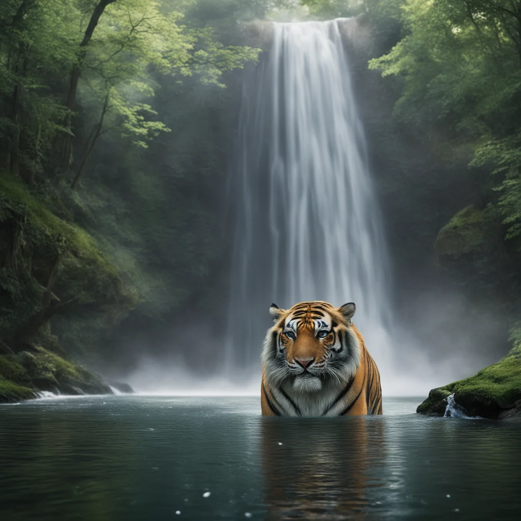 waterfall coming out of a tiger’s mouth water has diamonds in it tiger has big purple eyes halo with a devil on it sunsh