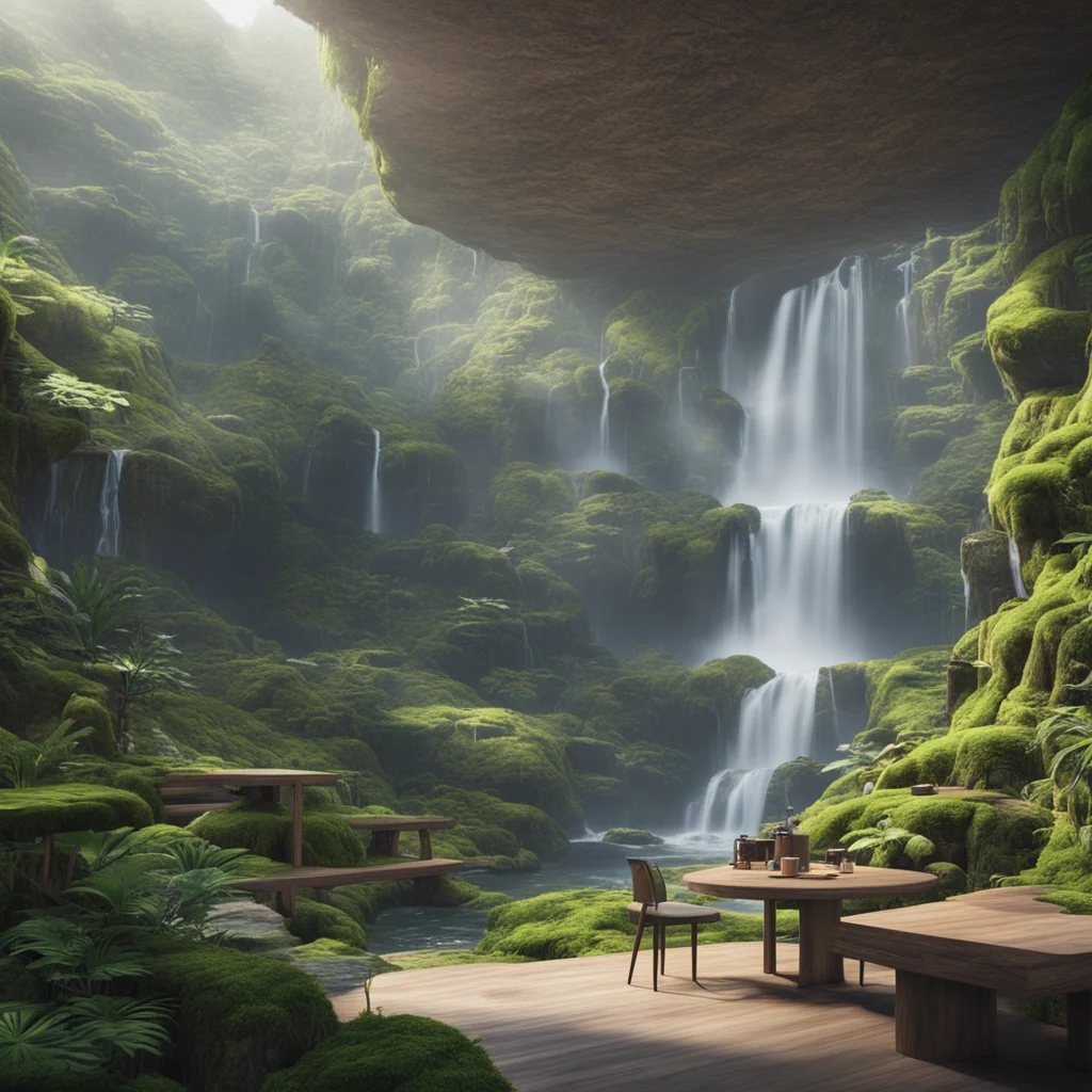 wework co working office space on platforms in waterfall on mossy mountain wide shot realistic matte painting daylight 4
