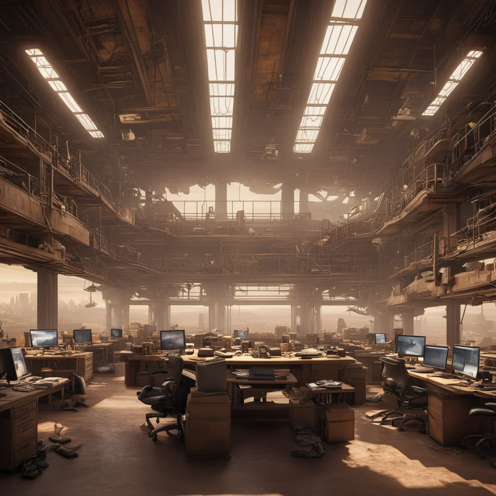 wework co working office space with many desks in Mad Max Fury Road dramatic lighting matte painting highly detailed cgs