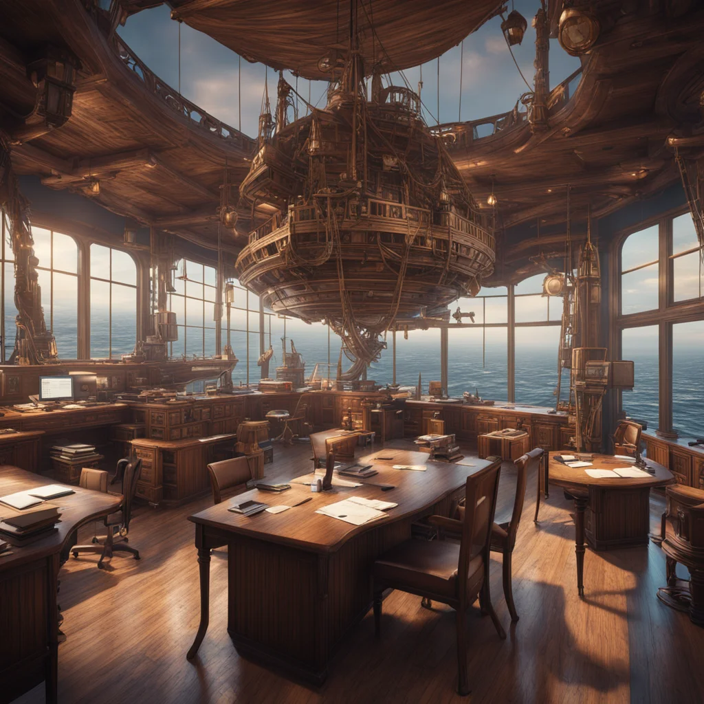 wework co working office space with many desks on a pirate ship at sea dramatic lighting matte painting highly detailed 