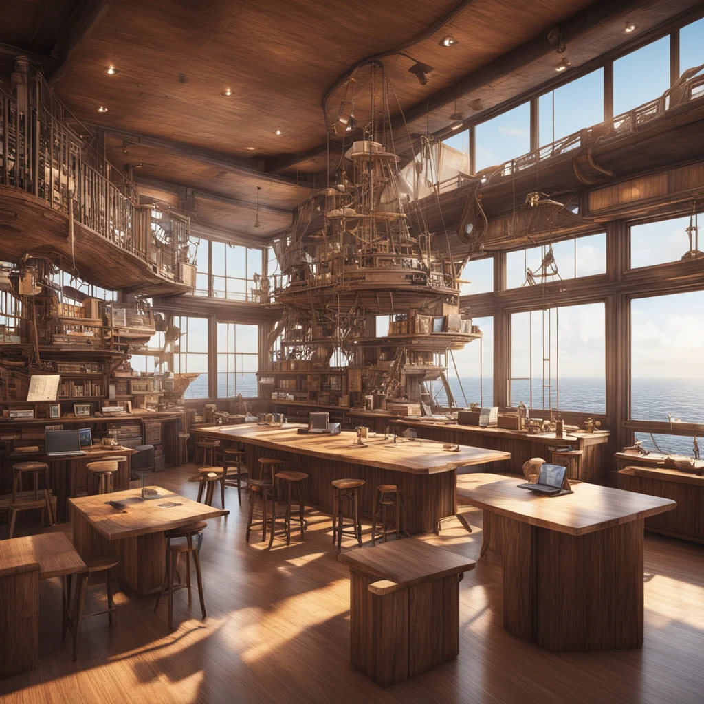 wework co working office space with many desks on the deck of a pirate ship dramatic daytime sunlight matte painting hig