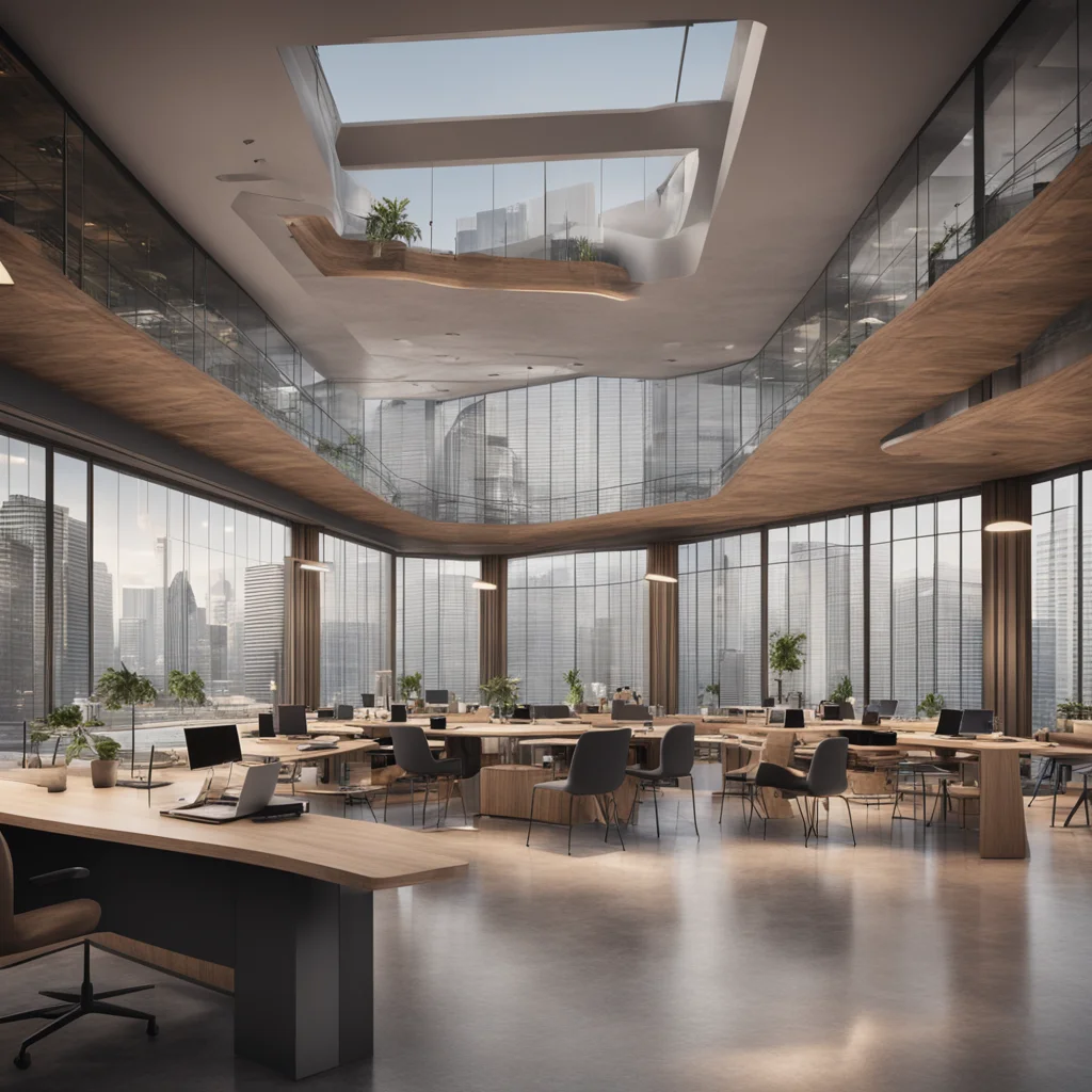 wework co working office spaces interior on bridges above river desks laptops matte painting dramatic lighting daytime c