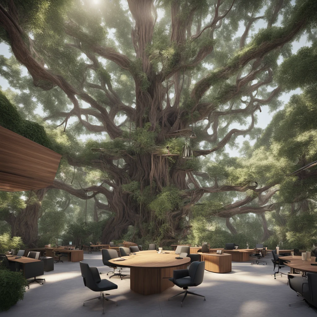 wework office co working space high up in redwood tree canopy cold sunlight volumetric lighting matte painting realistic