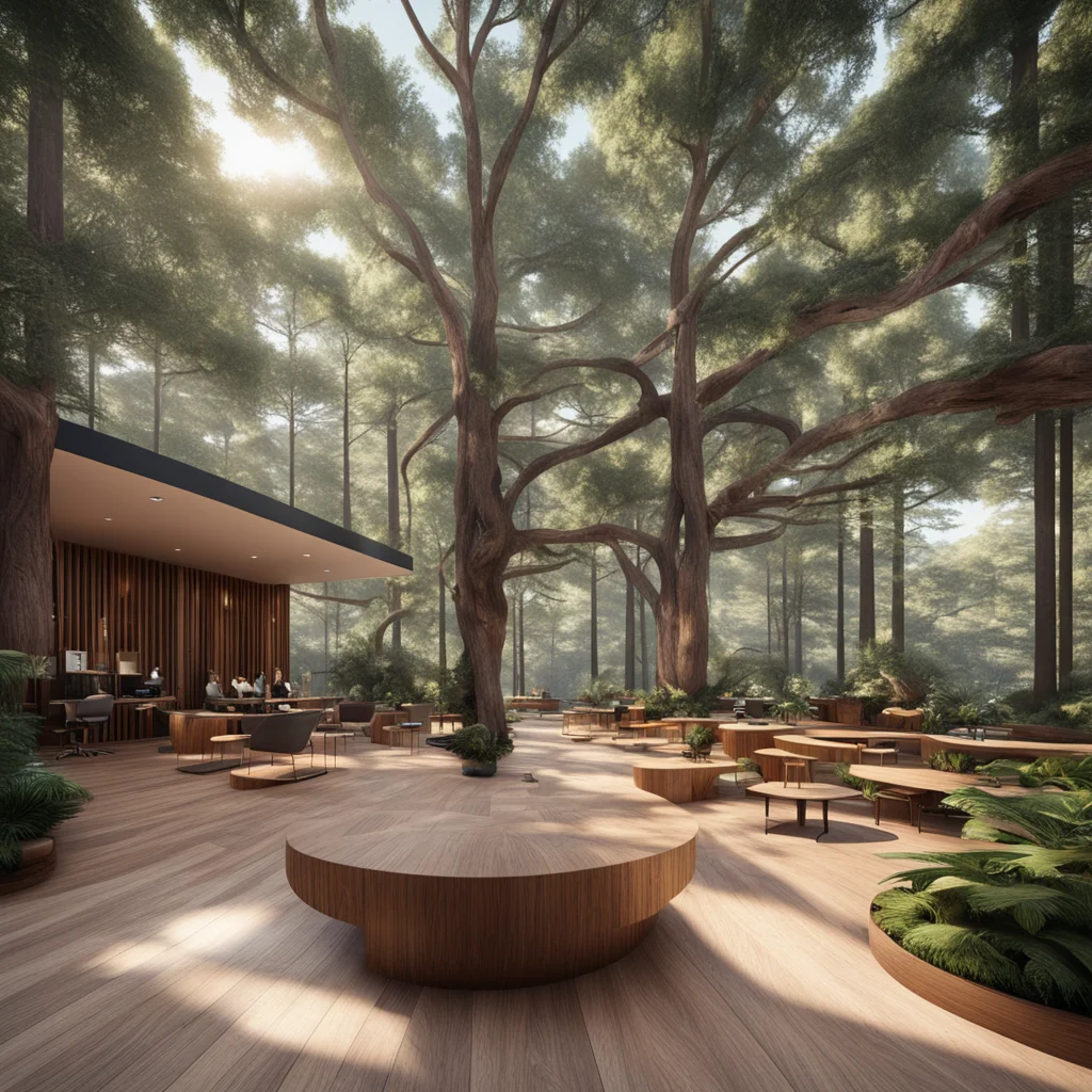 wework office co working space in redwood tree canopy cold sunlight volumetric lighting wooden walkways matte painting realistic highly detailed 4k ar 1