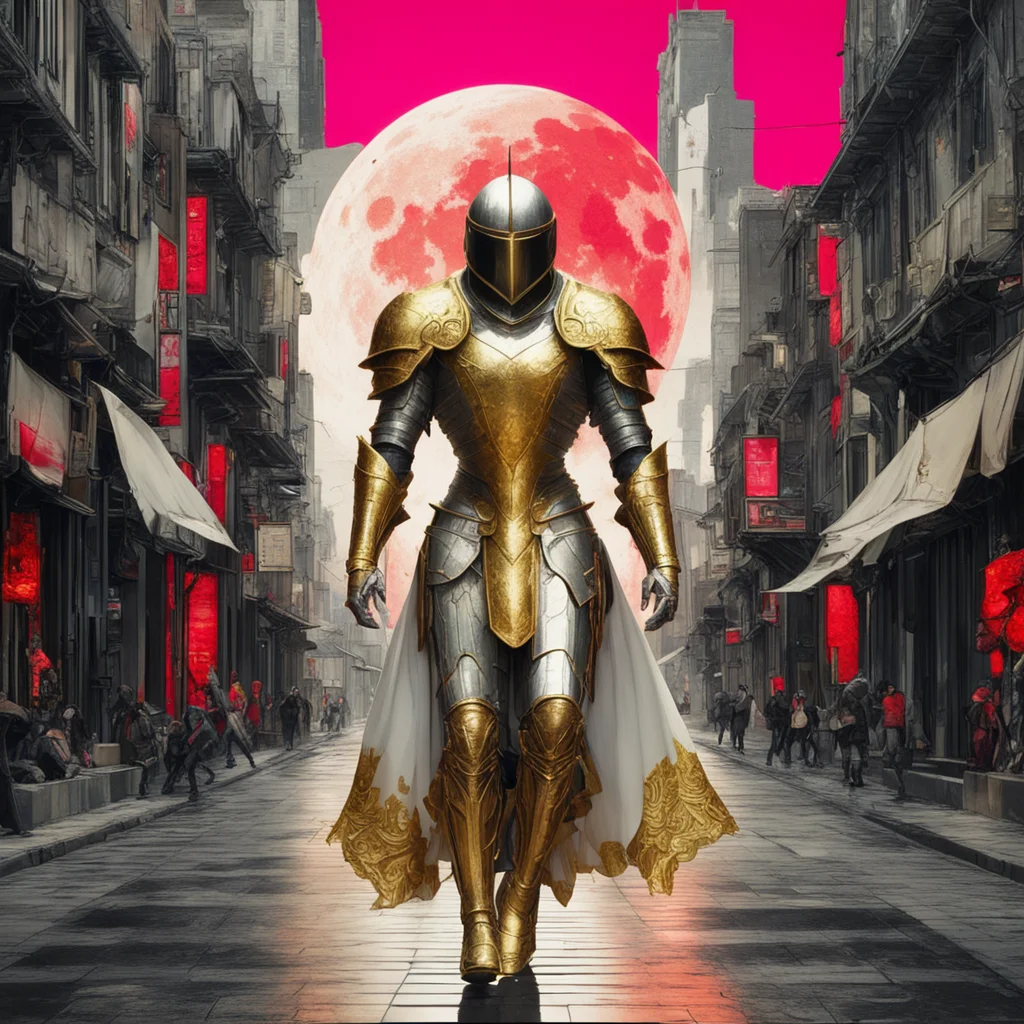 white and gold knight walking through a city with a red lunar eclipse symmetrical hypermaximalist Yoshitaka Amano02 in t