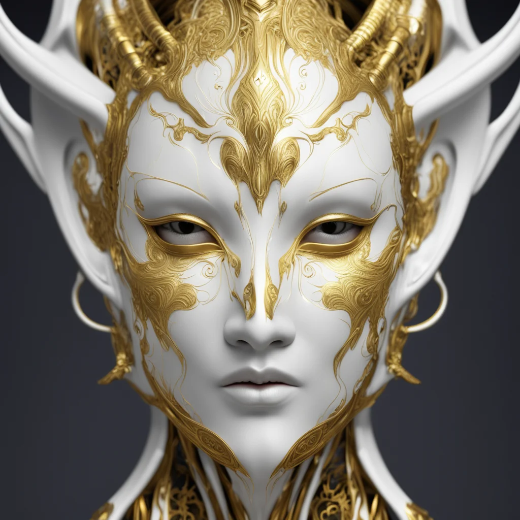 white futuristic tribal mask on a female face with depth zbrush ornate gold veins zbrush shiny ar 916