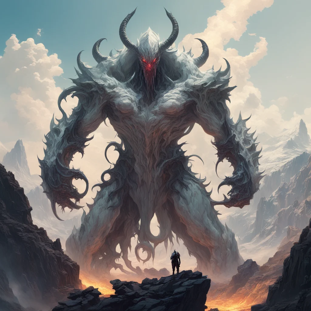 white knight made of light fighting huge demon with Tentacles on top of mountain rocky plateau craig mullins art style m