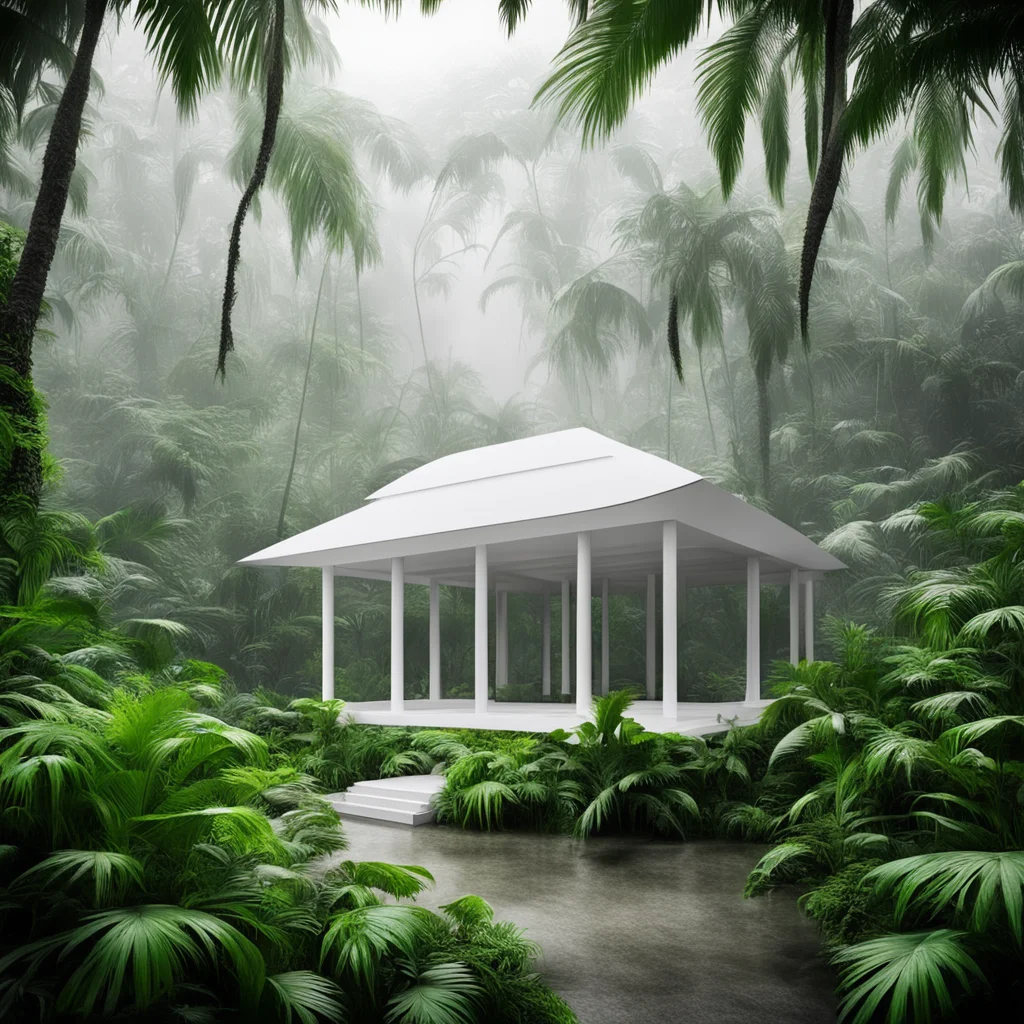 white pavilion in the jungle exotic greenery dense fog rainforest ar 21
