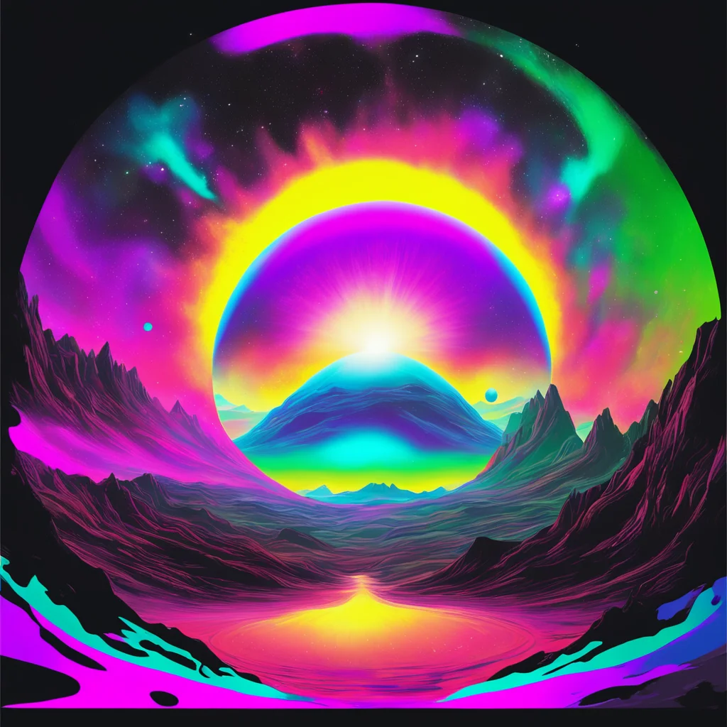 wide angle landscape alien colorful explosion clean lines acrylic illustrative circular background ar 169