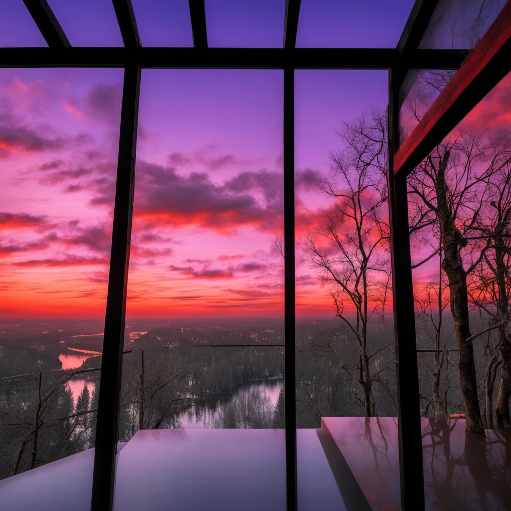 wide angle photo inside skybridge through windows we see with red skies and burned trees wallpaper