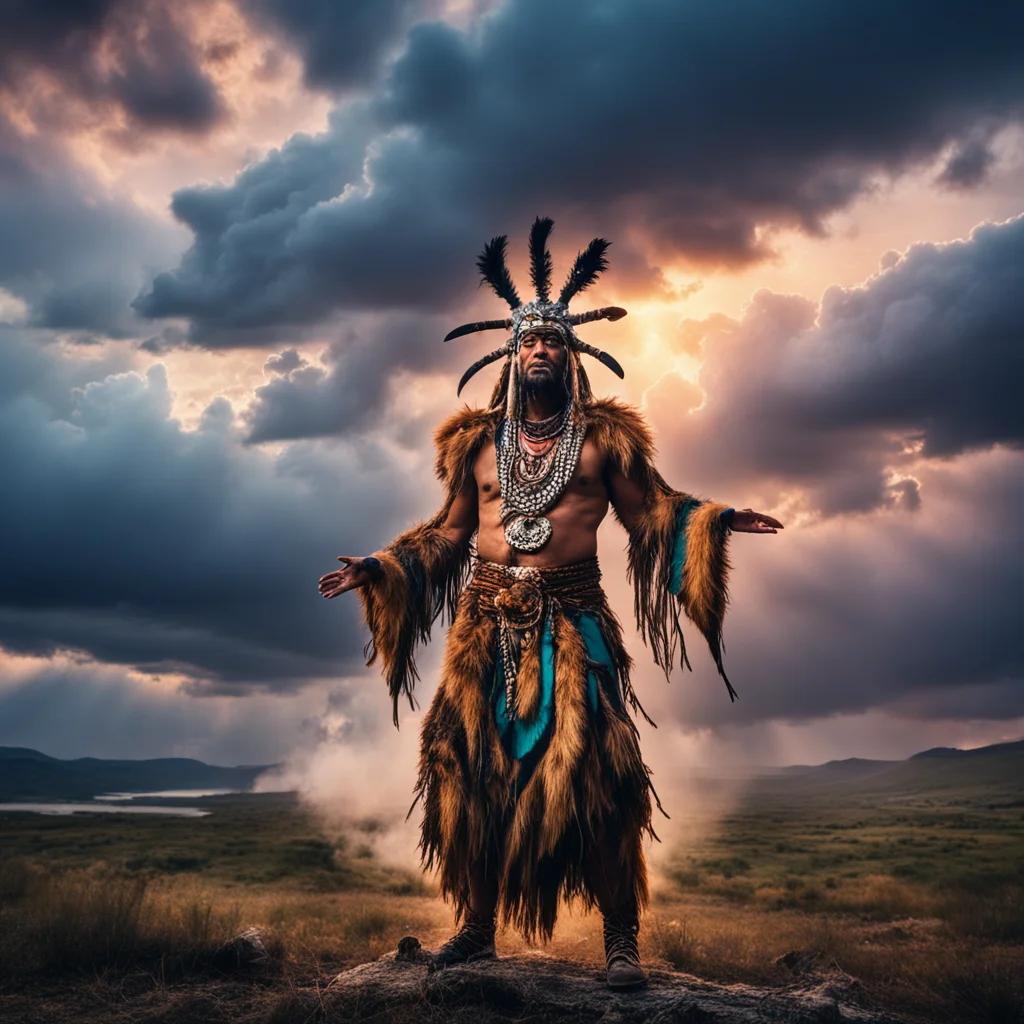 wide angle shot of a shaman wearing animal skins storm cloud Nature Sunset Magic Fantasy Art Epic atmosphere