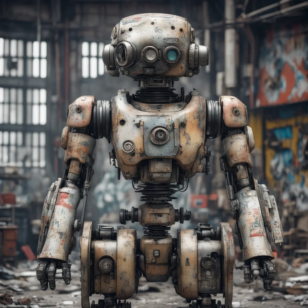 wide footage of maschinen krieger mech robot covered with graffiti eyes old dusty factory 35mm lens detailed hyper reali