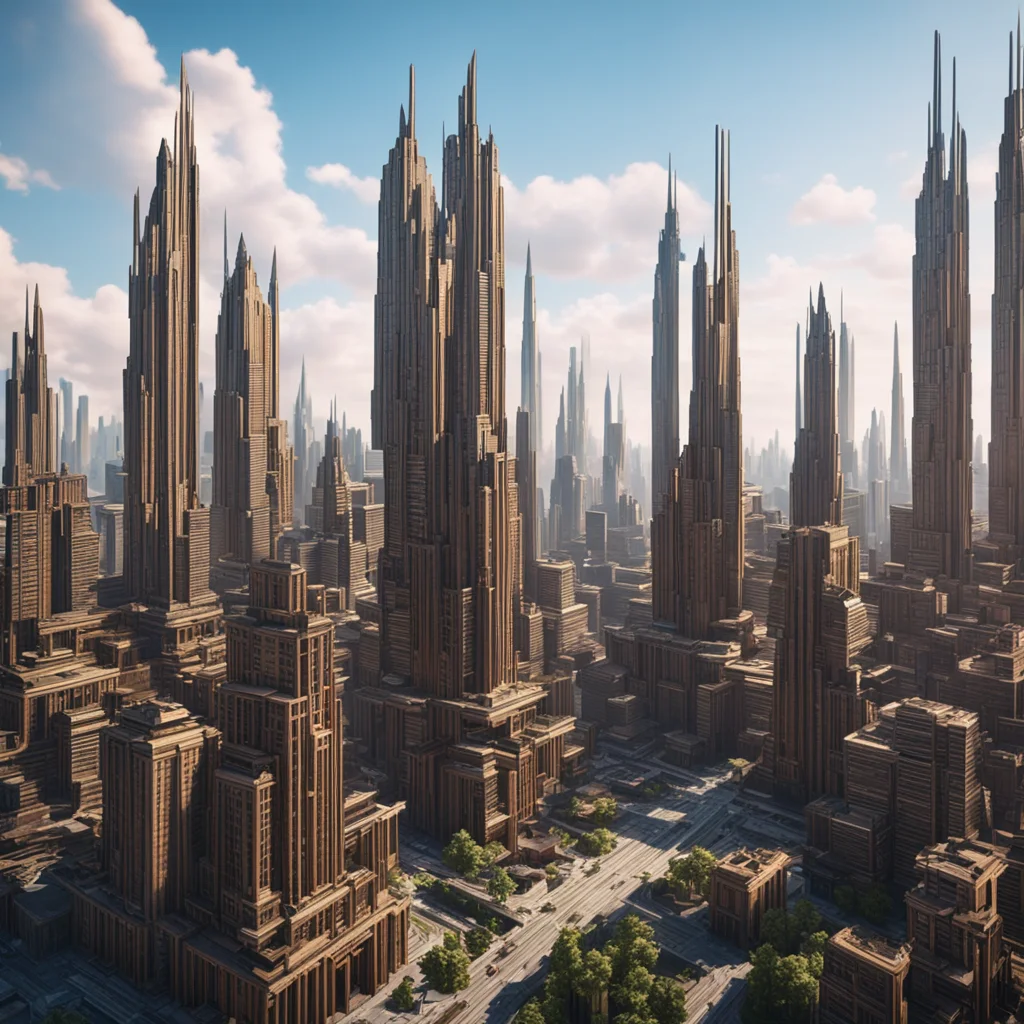 wide shot a futuristic city all skyscrapers made out of wood wooden victorian skyscrapers unreal engine rendered8k cinem
