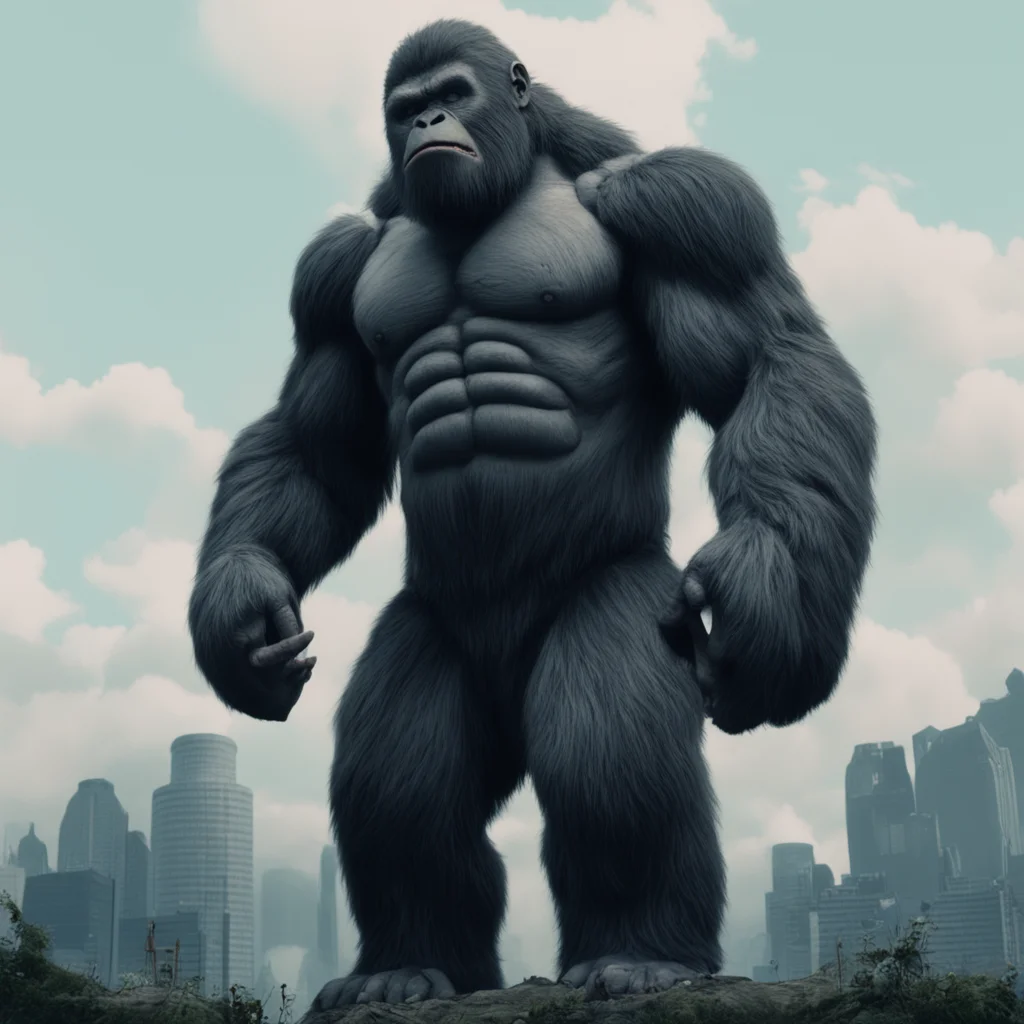 wide shot cinematic king kong with the head of mojojojo form supernan maximum detail grainy muted colors，8K ar 916