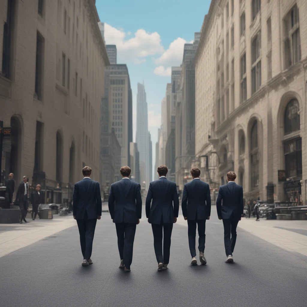 wide shot of Wall Street with 5 skateboarders wearing suits in the middle matte painting concept art 15mm lens in the st