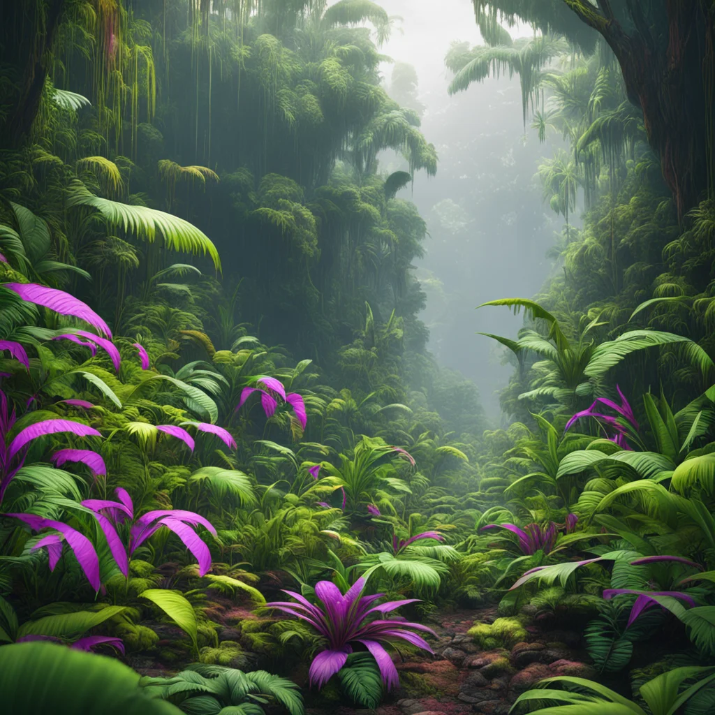 wide shot of alien jungle hawaiian plants multi coloured lush amazon alien world moody cinematic shot 8k resolution octa