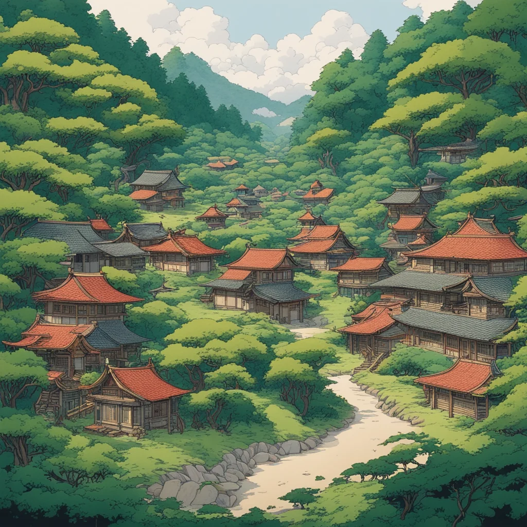 wide shot of beautiful small village in a dense forest by Hokusai green trees dense forest village fairy village fancy h